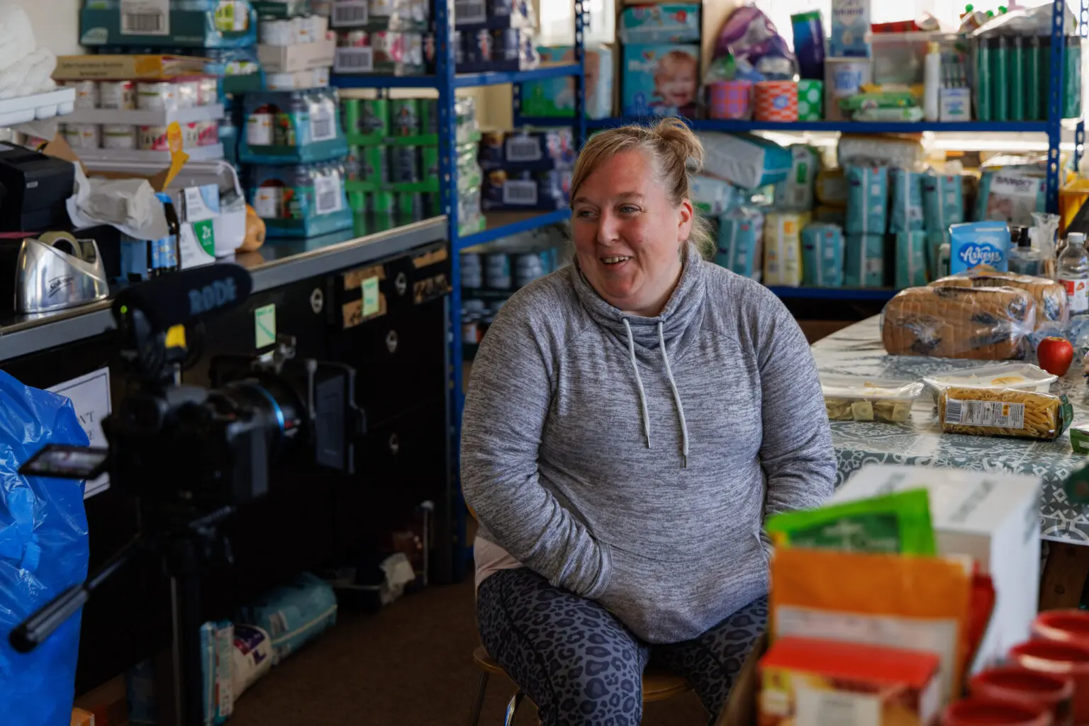 NewStarts foodbank woman being interviewed