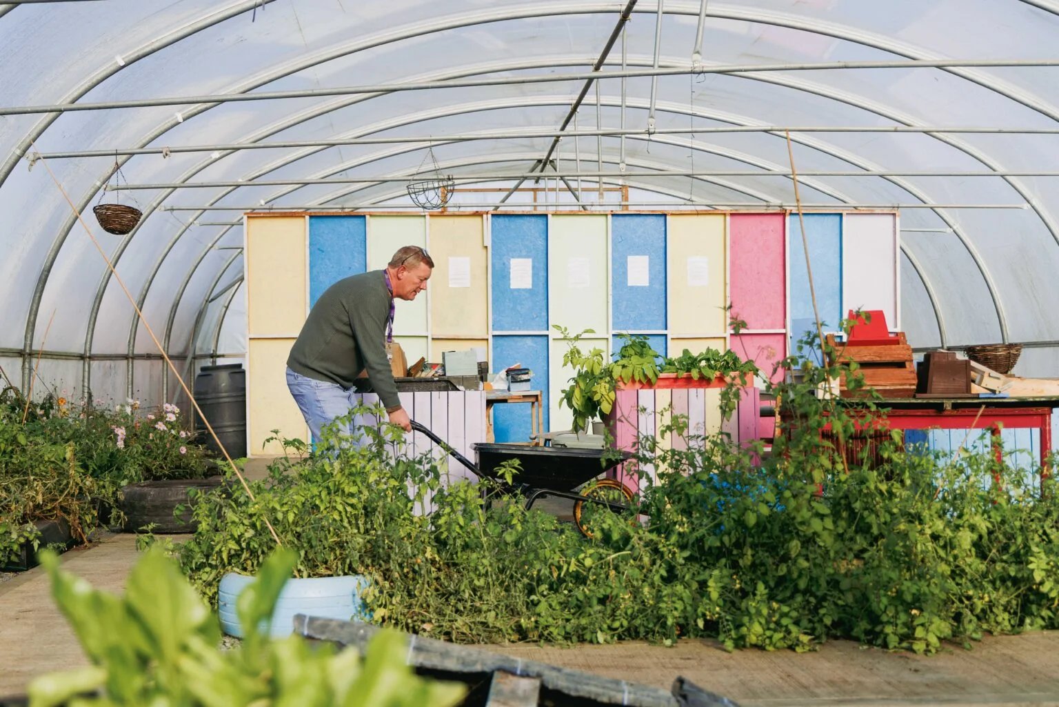 Praxis Care Allotment man wheeling wheel barrow